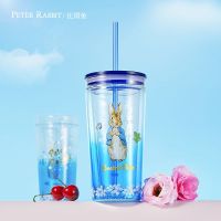 [The same style as the star] British Peter Rabbit glass straw cup juice large-capacity double-layer goddess water cup with lid cup mug glass