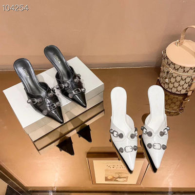 【Original Label】Riveted Pointed Slender High Heels, Lazy Mans Wrapped Half Slippers, Womens Sandals, Wearing Sandals on The Outside