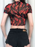 Hot Selling Fashion Women Sheer Mesh New Hot Unique Design Flame Print Short Sleeve See Through Crop Top T-Shirt   Stylish Clothes Tees