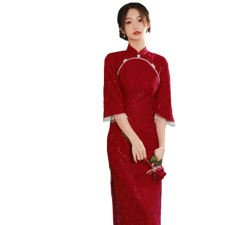chenille-สีแดง-cheongsam-2022ใหม่จีนเจ้าสาวขนมปังชุดชุดแต่งงานชุดหมั้น
