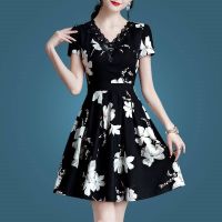 COD DSFGRDGHHHHH Floral Black Dress womens Korean Style V-Neck Midi Skirt Summer Short Sleeves