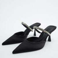 High Heeled Summer 2023 New Toe Stiletto Black Sexy Ladies Sandals Rhinestones Sequins Large Size Slippers