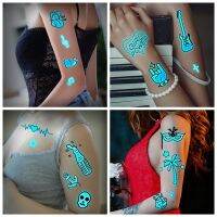 Blue Luminous Skin Music party Tattoos Stickers Instrument Poker Fruit Skull Heartbeat False Tattoo for Arm Leg Neck Back