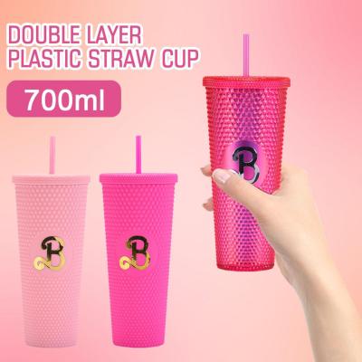 700ml Large Capacity Studded Tumbler Plastic Straw Portable Cup Bottle Water Diamond Cup Drinking U7R3