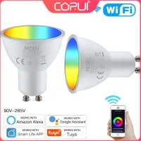 Tuya หลอดไฟ LED อัจฉริยะ Wi-Fi GU10,หลอดไฟ LED RGBW C W โคมไฟที่หรี่ไฟได้รีโมทคอนโทรลอัจฉริยะใช้ได้กับ Alexa Google Home Yandex Alice