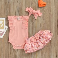 Baby Girl 3Pcs Outfit Sets Solid Color Ruffle Trim Sleeveless Romper + Floral Printed Tutu Shorts + Headband  by Hs2023