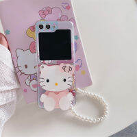 เคสฝาหลังป้องกันเชือกห้อยประดับลูกแพร์สำหรับ Samsung Galaxy Z แบบพับ5นิ้วลาย Hello Kitty น่ารักเคสโทรศัพท์ผู้หญิงสไตล์ใหม่เคสป้องกันการตกสำหรับ Galaxy Z Flip5