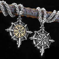 วินเทจสีทองไวกิ้งเข็มทิศสร้อยคอผู้ชายโบราณสแตนเลส norse Rune avated vegvisir Homme ของขวัญเครื่องประดับ