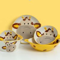 ?กวางน่ารัก? [cute deer] ต้นฉบับ การ์ตูนชามและจาน เซรามิค น่ารัก ชามก๋วยเตี๋ยว ชามซุป จาน บนโต๊ะอาหาร ครัวเรือน ชามข้าว