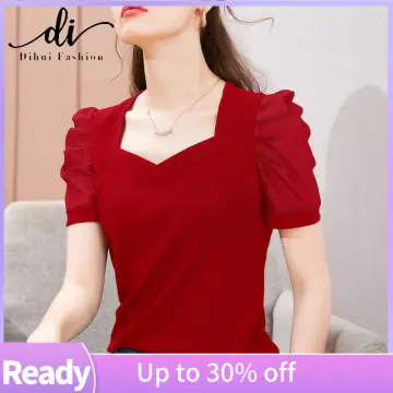 Loose Dresses for Women Red O Neck Short Puff Sleeve Pullover