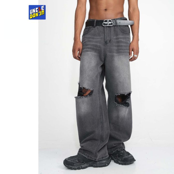 กางเกงยีนส์เปิดเข่าสำหรับผู้ชายทรงหลวมกางเกงคาร์โก้สีดำกางเกงยีนส์ขาบาน-y2k-ผู้ชายกางเกงยีนส์ขาด