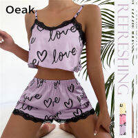 Oeak Nighties สำหรับผู้หญิงฤดูร้อน2ชิ้นชุดนอนผ้าไหมสำหรับสุภาพสตรี Terno บางชุดนอนคอวีแขนกุดท็อปส์กางเกงขาสั้นชุดนอนชุด