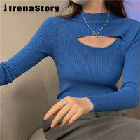 IRENASTORY สเวตเตอร์ผู้หญิง,สเวตเตอร์รัดรูปคอยาวแขนเสื้อสูง Baju Rajutan กลวงครึ่งตัว