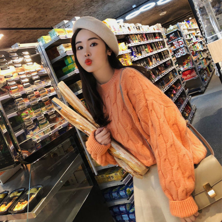 เสื้อถักฤดูหนาวผู้หญิงญี่ปุ่นหวานเสื้อกันหนาวหลวมเสื้อถักสีลูกกวาด