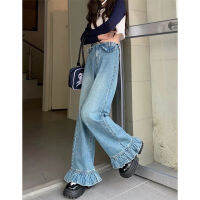 เสื้อขนาดใหญ่ฤดูใบไม้ร่วง Washed Loose Slim Ruffled Flared Jeans High Waist Mopping trousers for Women