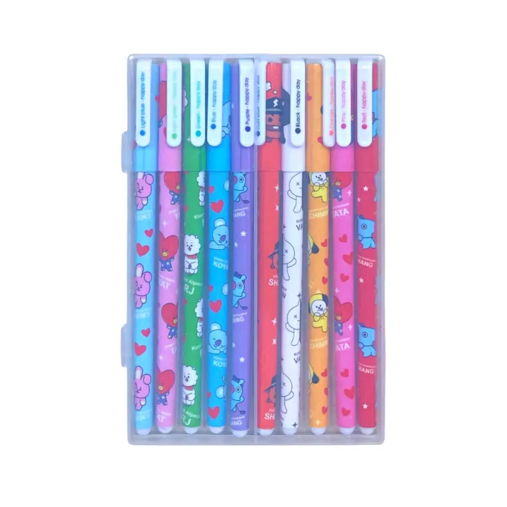 10 COLORS WITH CASE | BT21 HAPPY DAY PEN SET COLOR PEN STATIONARY ...