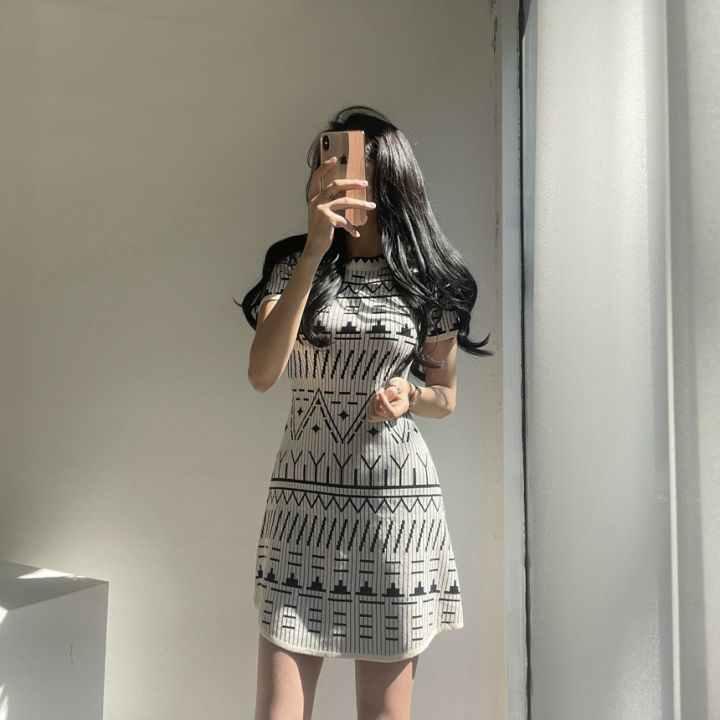 Váy Đầm Nữ Phối Họa Tiết Hình Học Trẻ Trung Năng Động LZD10791  Hàng Quảng  Châu Cao Cấp