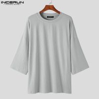 ◘❇ Incerun เสื้อยืด คอกลม แขน 3/4 ลายทาง ทรงหลวม แบบสวมหัว สําหรับผู้ชาย