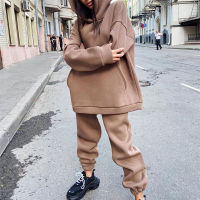 Casual Fleece Two Piece Set 2021 Winter Women Solid Tracksuit Oversized Hooded Long Sleeve Hoodie And Sport Pants Lady Suits