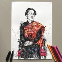 ภาพวาดพระพันปีหลวง สิริกิต LZ-K007 ภาพวาดลายเส้นปากกาหมึกซึมสีดำผสม ปากกาสี งานปริ้นท์เลเซอร์