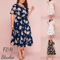 COD SDFGERTYTRRT F H 2900-4 Colors L-3XL Floral Print Plus Size V Neck Short Sleeves Dress With Waist Tie