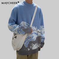 MAYCHEER เสื้อไหมพรมชาย เสื้อกันหนาวผู้ชาย ถักเสื้อกันหนาวเสื้อสเวตเตอร์หลวมนักเรียนสไตล์ฮ่องกงบุคลิกภาพลำลองรอบคอเสื้อคู่