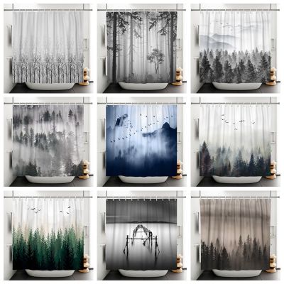 Landscape Mountain Shower Curtain Misty Forest Tree Foggy Nature Scenery Bathtub Decor Shower Curtain For Bathroom With Hooks