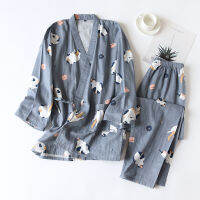 New Japanese-style kimono two-piece couple pajamas cover men and women pure cotton gauze cute kitten thin home service plus size