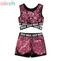 Kids Girls Shiny Sequin Dancewear Jazz Dance Outfit Sleeveless Letter Print Crop Top with Shorts Set Sportswear for Daily Wear