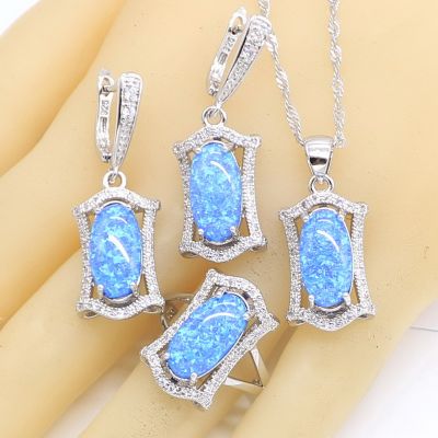 Geometric Blue Opal 925 Silver Jewelry Sets For Women Bridal Necklace Pendant Earrings Rings Birthday Gift Box