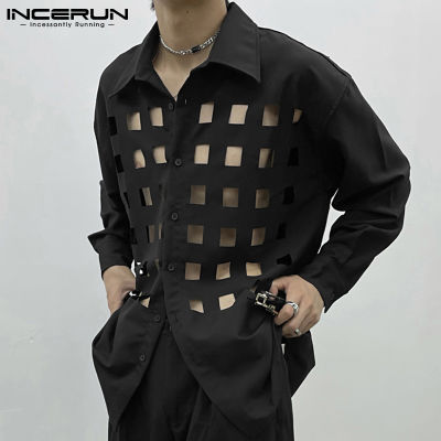 INCERUN เสื้อเชิ้ตแขนยาวสำหรับผู้ชาย,เสื้อพิมพ์ลายมีกระดุมที่ปลายปกเสื้อพิมพ์ลายสไตล์เกาหลี