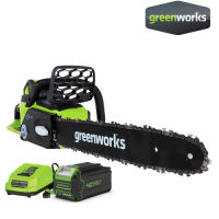 GREENWORKS เลื่อยโซ่แบตเตอรี่ ขนาด 40V, กำลัง 0.9 แรงม้า, บาร์ 10 นิ้ว พร้อมแบตเตอรีและแท่นชาร์จ