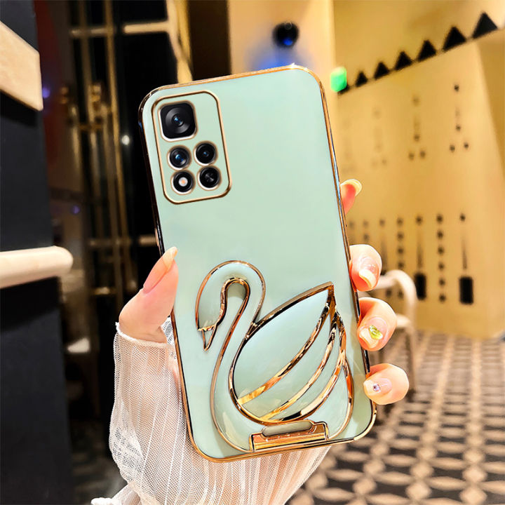 andyh-phone-case-for-xiaomi-poco-m4-pro-5g-case-creative-fashion-luxury-new-3d-swan-retractable-stand-phone-case-premium-simple-solid-color-straight-edge-plating-soft-silicone-shockproof-casing-protec