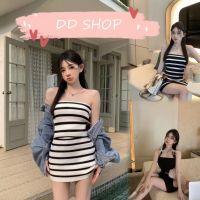 DD SHOPพร้อมส่ง M2813 ชุดเซ็ท เสื้อเกาะอก+กระโปรง ดีเทลผ้าไหมพรมยืดตามตัว -C