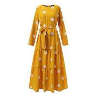 ；【‘；- Vintage Polka Dots Long Sleeve Robe Long Skirt Islamic Muslim Clothing Women Abaya Kaftan Maxi Vestido Elegant Casual Dresses