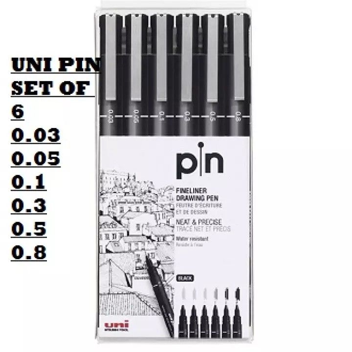 Uni Pin Fineliners, Black & Gray Set of 6