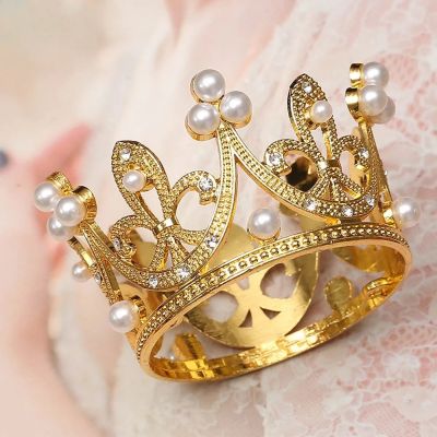 Shining Mini Crown Cake Topper Metal Pearl Happy Birthday Cake Toppers Wedding&amp;Engagement Cake Decora Sweet 16 Party Decorations