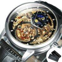 ⌚นาฬิกากลไกอัตโนมัติโครงกระดูกสลักลายสุดหรูสำหรับผู้ชายเรืองแสงได้ Tourbillon นาฬิกาสายหนัง Relogio 2023 WINNER