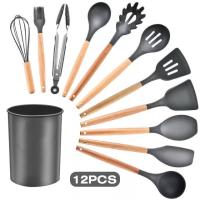 QTCF-Rodanny 12pcs Kitchen Silicone Cooking Utensils Set Non-stick Cookware With Wooden Handle Easy To Clean Hovel Spoon Cooking Tool