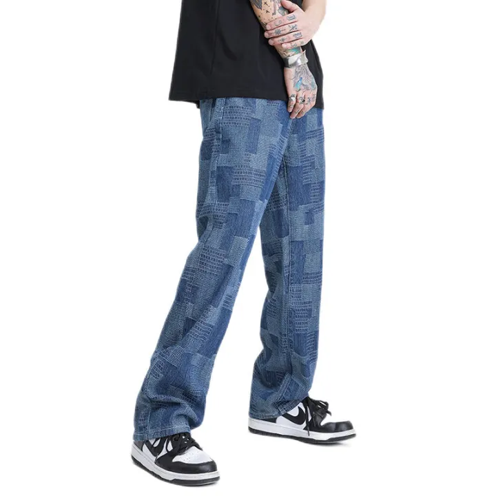 Plaid Jeans Men New Contrast Jacquard Straight Wide Leg Casual Cotton ...