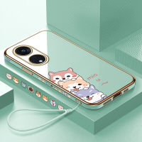 (คลังสินค้าพร้อม) เคสเคสมือถือสำหรับ OPPO Reno8 T 5G Reno 8 T 5G พร้อมฟรีสายคล้อง + การ์ตูนสุนัขขอบสี่เหลี่ยมชุบเคลือบเคสนิ่มฝาหลัง