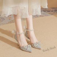 【Ready Stock】 ✹☎♠ C39 Korean Style Womens High Heels Pointed Toe Thin Heels Pearl Butterfly Bow Wedding Shoes