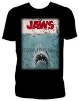 Jaws Mens Great White Shark Distressed Movie Poster Logo Tshirt Men Cotton Tee Shirts Gildan Spot 100% Cotton