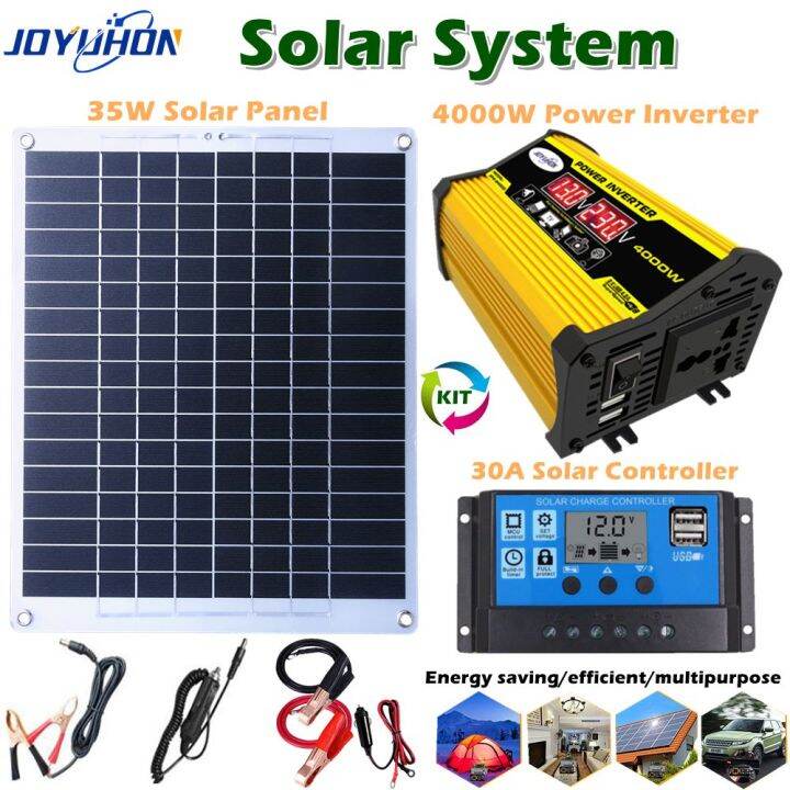 JOYUHON Solar Inverter Set 4000W Solar Inverter 12V to 220V+35W Solar ...