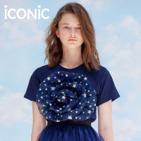 iCONiC BLUE GALAXY ROSE SPARKLING T-SHIRT #6144 เสื้อยืด สีกรม ตกแต่ง ระบาย วิบวับ ลายดาว เสื้อยืดผญ เสื้อยืดแฟชั่น เสื้อกันหนาวผญ เสื้อผ้าแฟชั่น