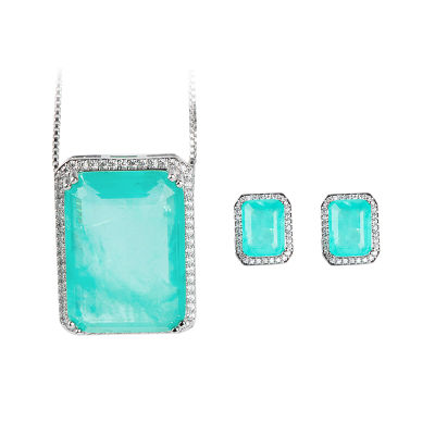 JoyceJelly Geometry Silver 925 Jewelry Set For Women Anniversary Rectangular Large Emerald Pendant Necklace Stud Earrings Gift