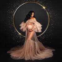 Dusty Pink See Thru ชุดคลุมท้องสำหรับหญิงตั้งครรภ์ฉัตร Tulle ปิดไหล่ Sheer Maternity การถ่ายภาพชุด Babyshower