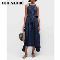 【YF】 6.8 High Quality Elegant Temperament Beading Chain Halter Off-Shoulder Design Irregular Cotton Denim Dress With Belt Women