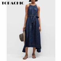 【YF】 6.8 High Quality Elegant Temperament Beading Chain Halter Off-Shoulder Design Irregular Cotton Denim Dress With Belt Women