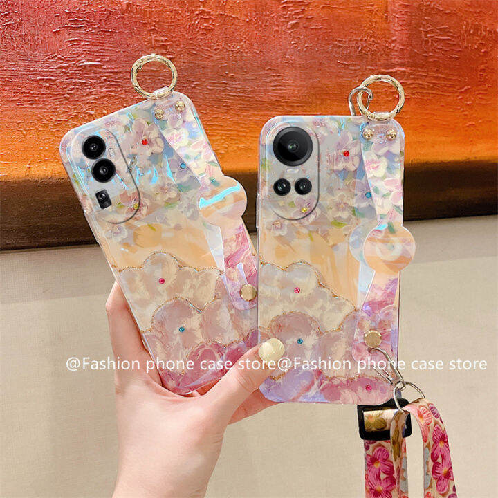 phone-case-เคส-oppo-reno10-reno10pro-reno10pro-plus-5g-เคสโทรศัพท์ภาพดอกไม้ลายน้ำมัน-rhinestone-บลูเรย์วินเทจพร้อมสายคล้องข้อมือ2023